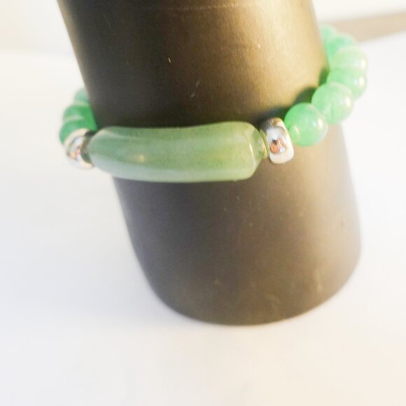 Handcrafted Green  Jade  Stretch Bracelet with Silver Bead  Accent - Picture 2 of 3